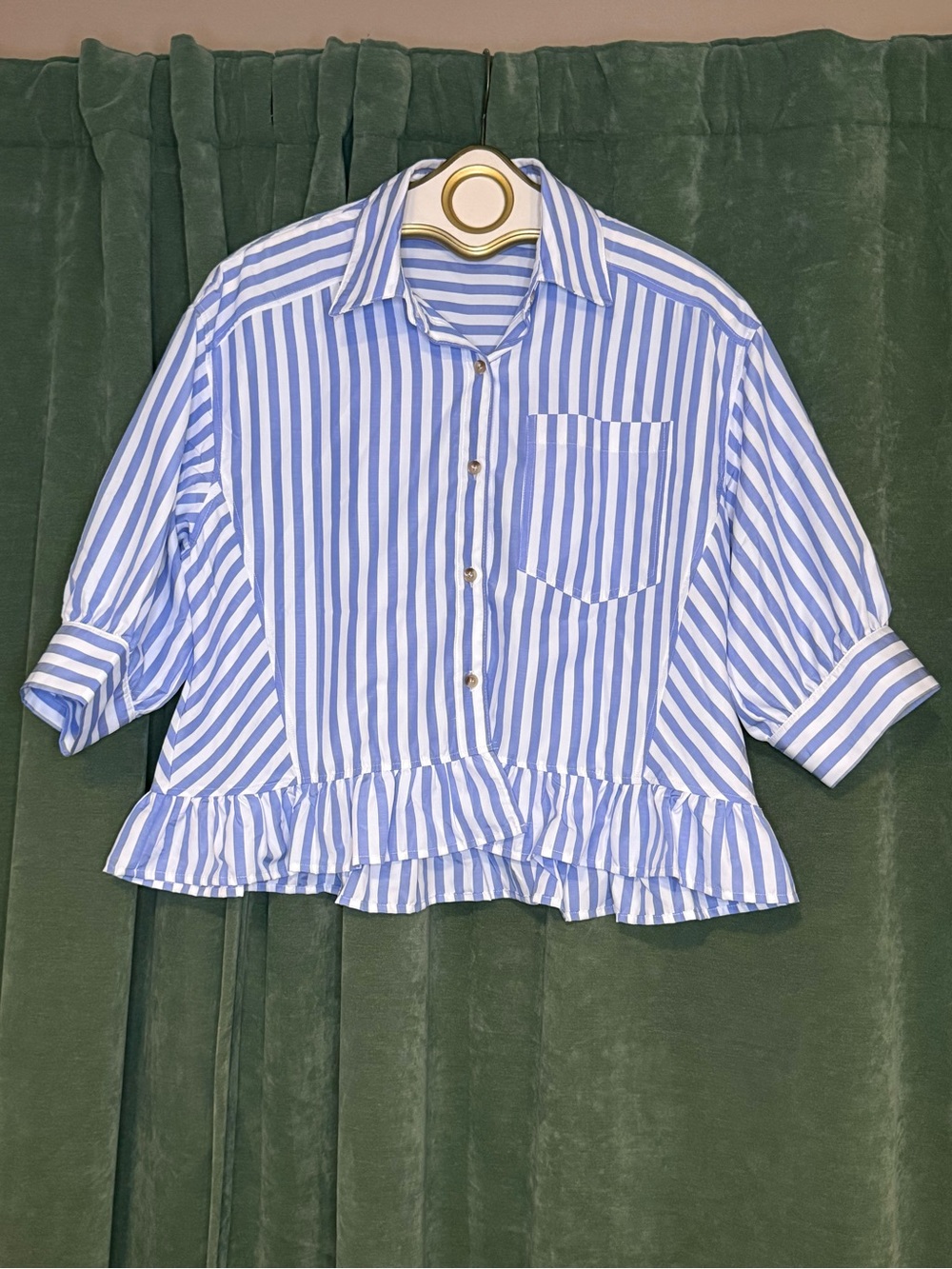 Striped Blue and White Ruffle Hem Button-Down Shirt